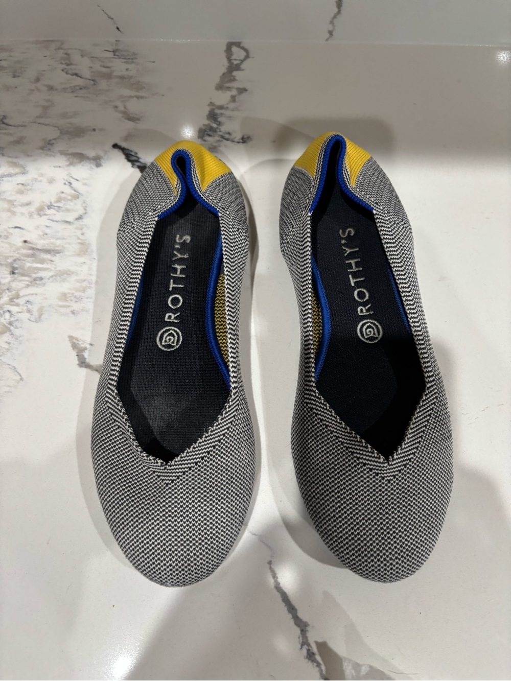Rothy's Gray Flats with Yellow & Blue Trim